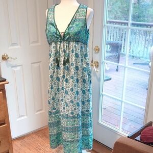 100% Cotton Teal and White Bohemian Maxi Dress